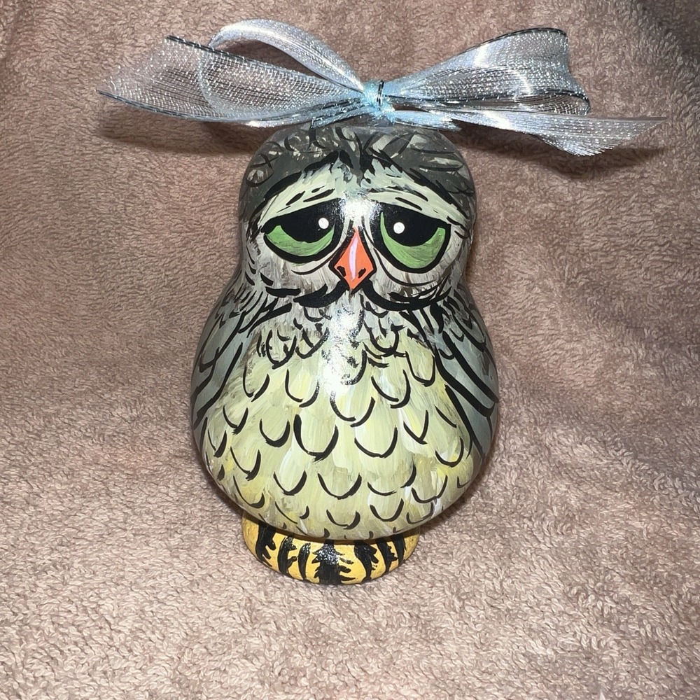 Hand Painted Owl Gourd 5 1/2" tall and 3 1/2" wide with Ribbon. Tole Paint